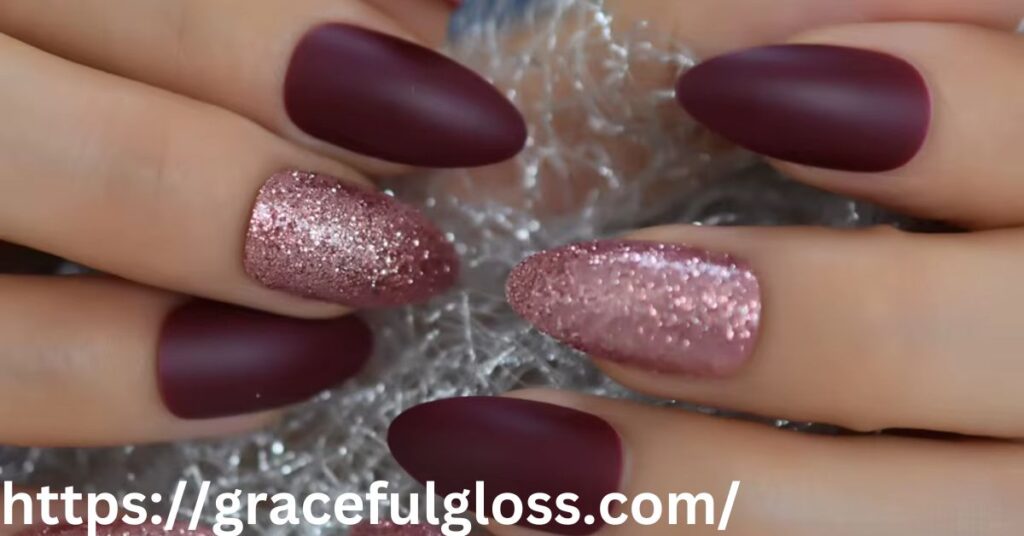 Burgundy and Gold Sparkles Nails 23 snowflake nails with glitter class and sass