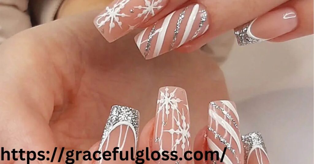 Glittery French Winter Nails20 glitter snowflake nails inspo for a stunning frosty glam look