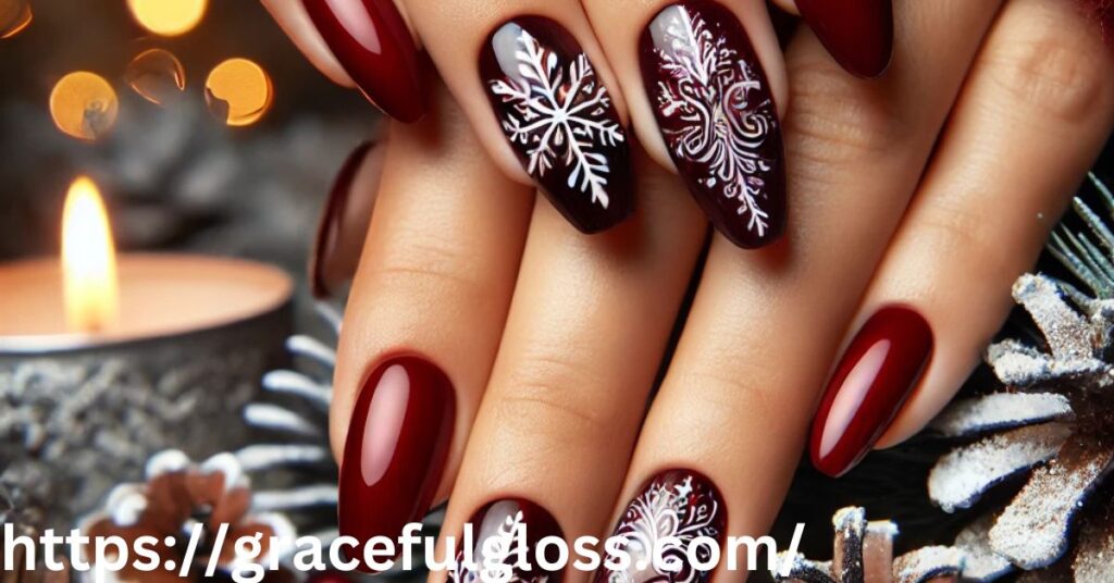 Red Dark Winter Nails with Snowflakes