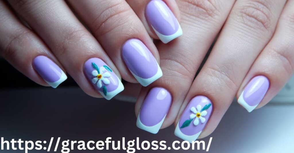 Short Lavender Nails with Floral Designs