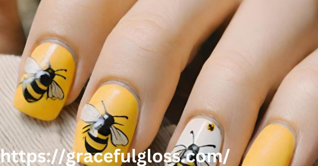 Short Manicure for Summer with Bee Nail Art