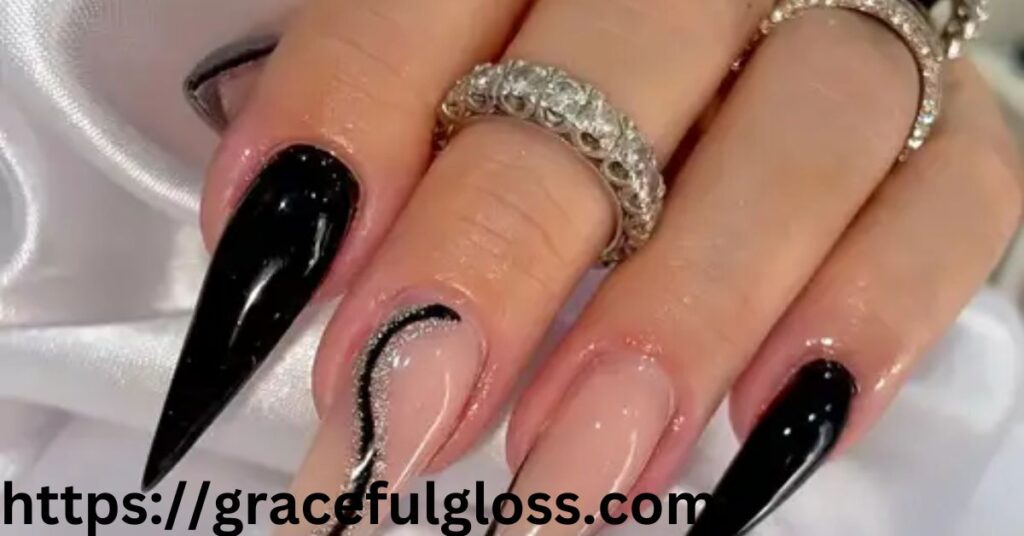 Sparkly Black French Nails
