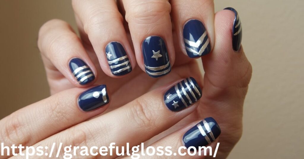 Dark Blue Nails with Silver Accents