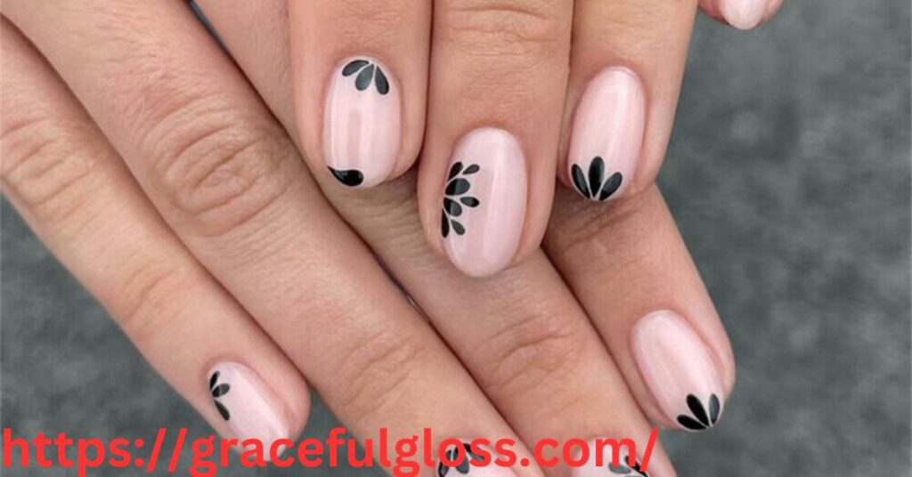 Black Manicure With Floral Nail Art