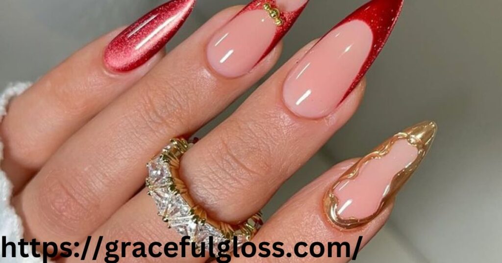 Red Nails with Gold Glitter