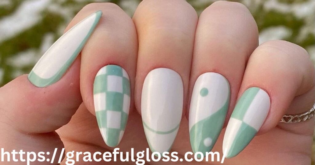 Three Plain and One Glittery Sage Nail