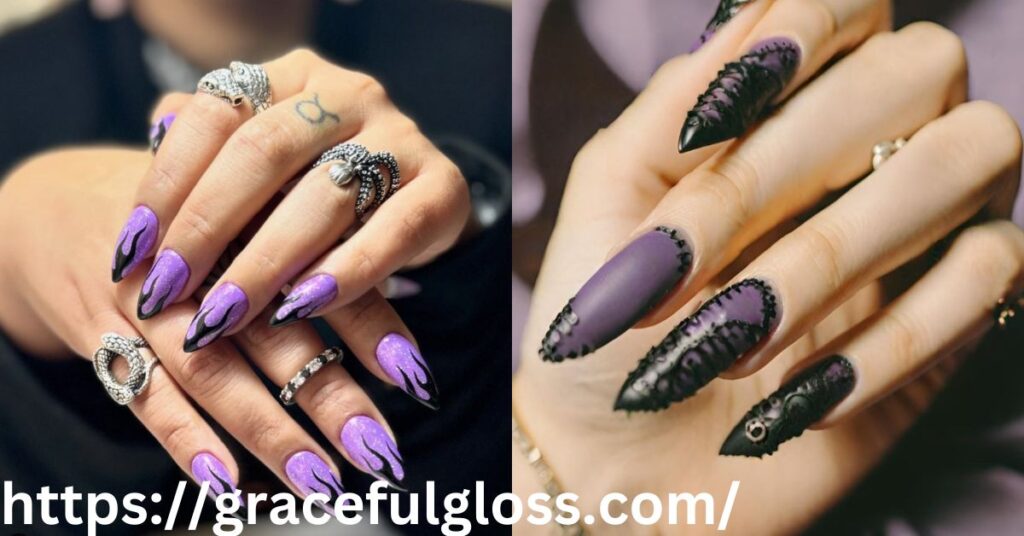  Gold Nail Art on Purple Nails