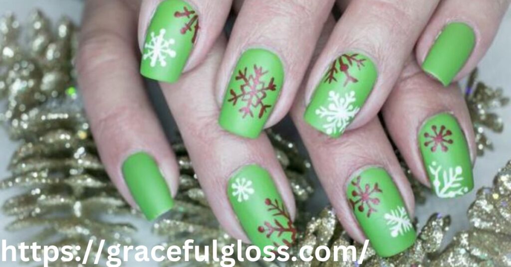 Snowflake Nail Art on a Green Base